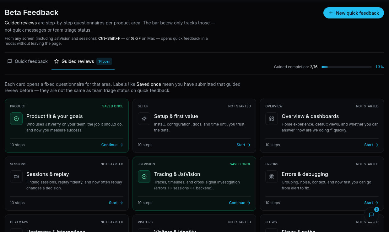 Beta Feedback page showing guided reviews for Product, Setup, Overview, Sessions, JstVision, and Errors with completion tracking