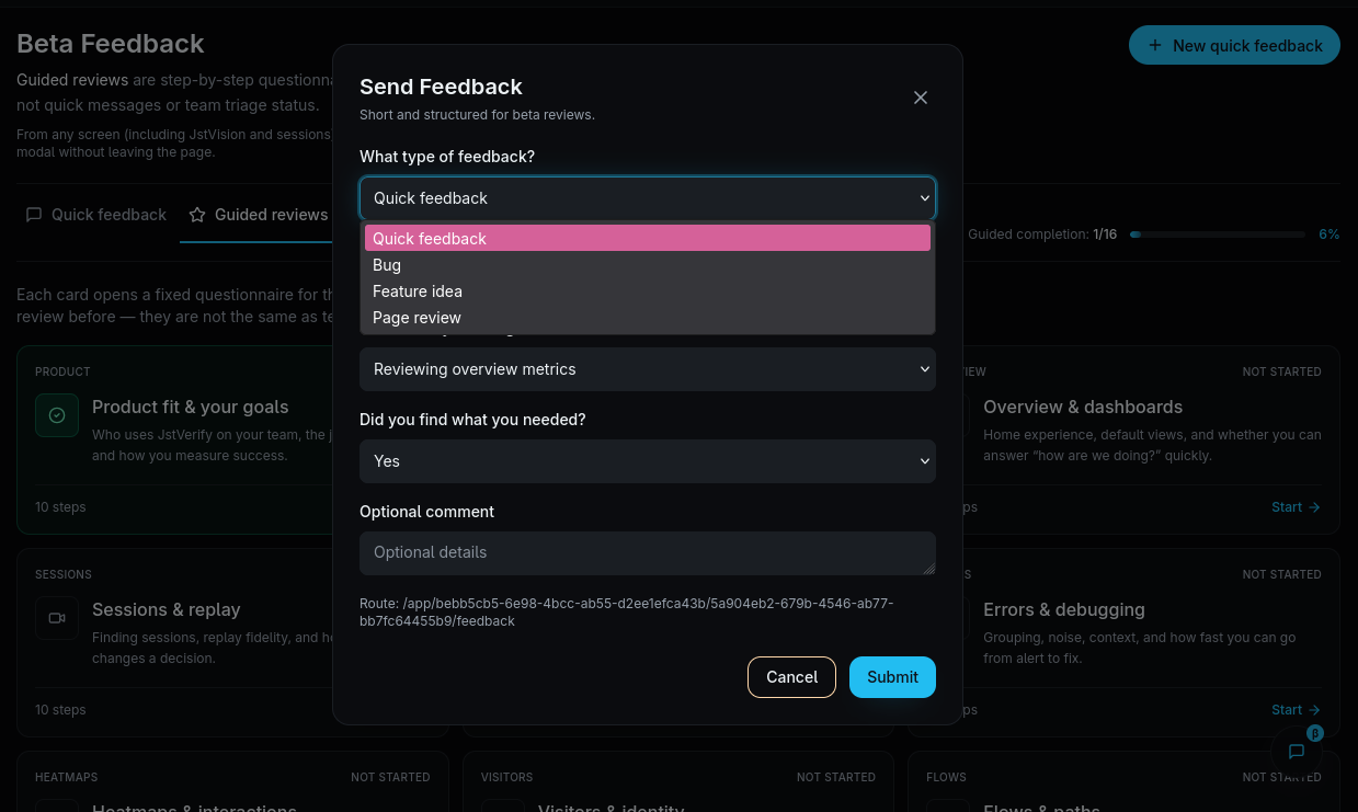 Quick feedback modal with feedback type dropdown showing options like Quick feedback, Bug, Feature idea, and Page review