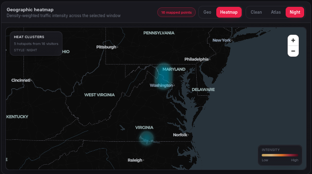 Geographic heatmap showing visitor traffic intensity on US East Coast