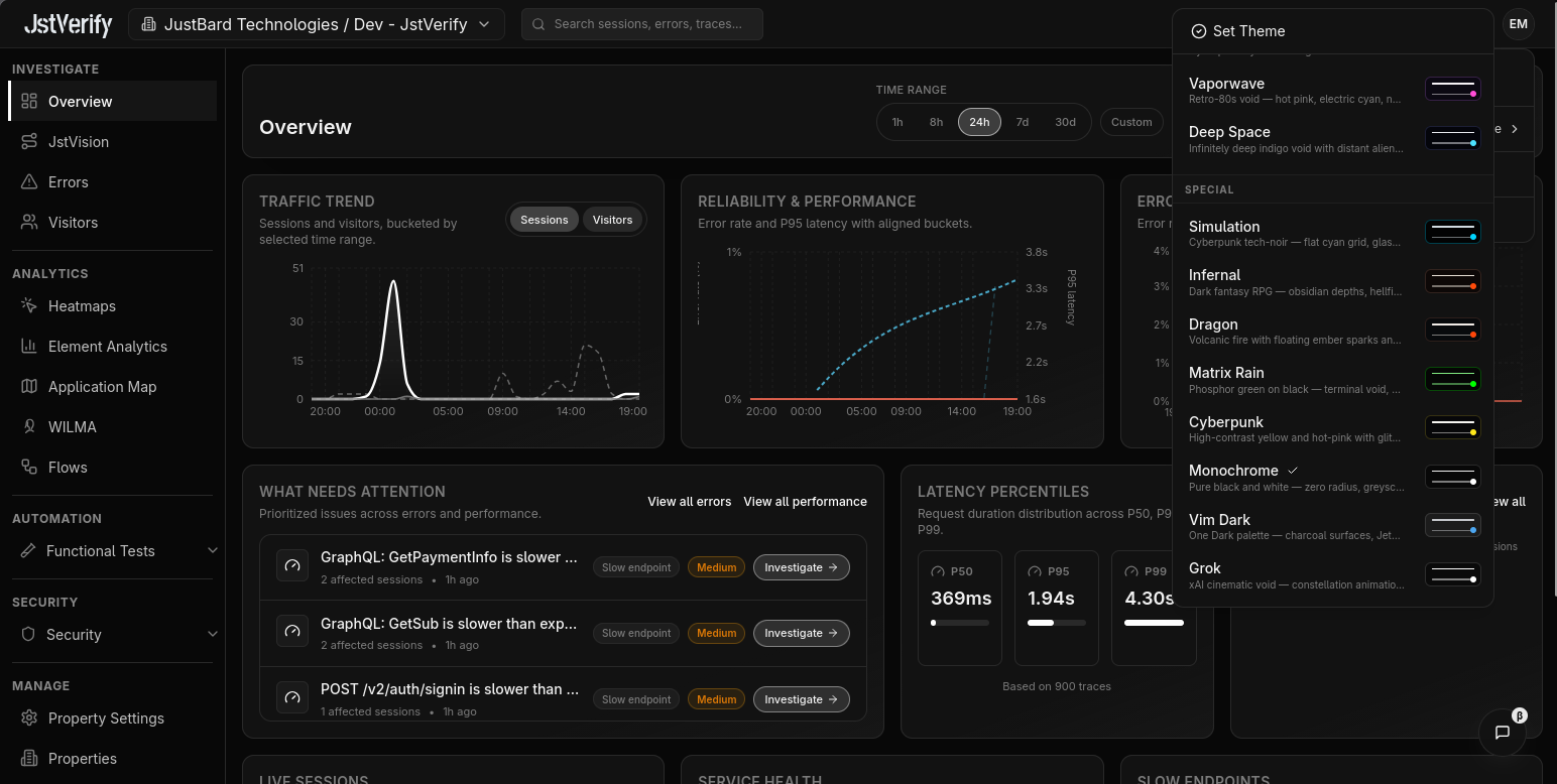 Dark mode theme picker showing Special themes including Vaporwave, Deep Space, Simulation, Infernal, Dragon, Matrix Rain, Cyberpunk, Monochrome, Vim Dark, and Grok