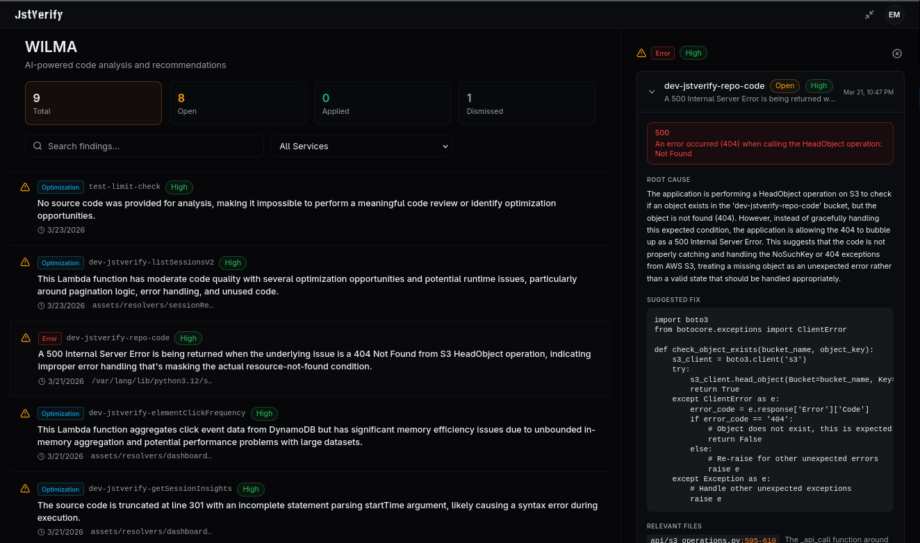 WILMA AI page showing findings list with optimization and error categories, and detail panel with root cause analysis and Python code recommendation
