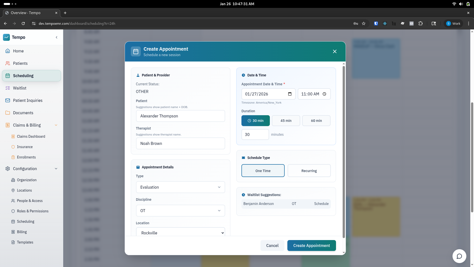 Create appointment modal with patient context, date/time selection, duration options, and waitlist suggestions