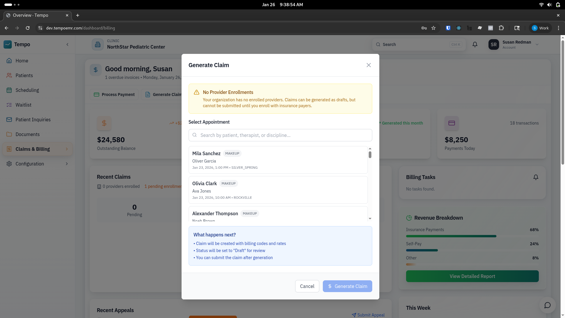 Billing dashboard with claim generation modal, outstanding balance, revenue breakdown, and billing tasks