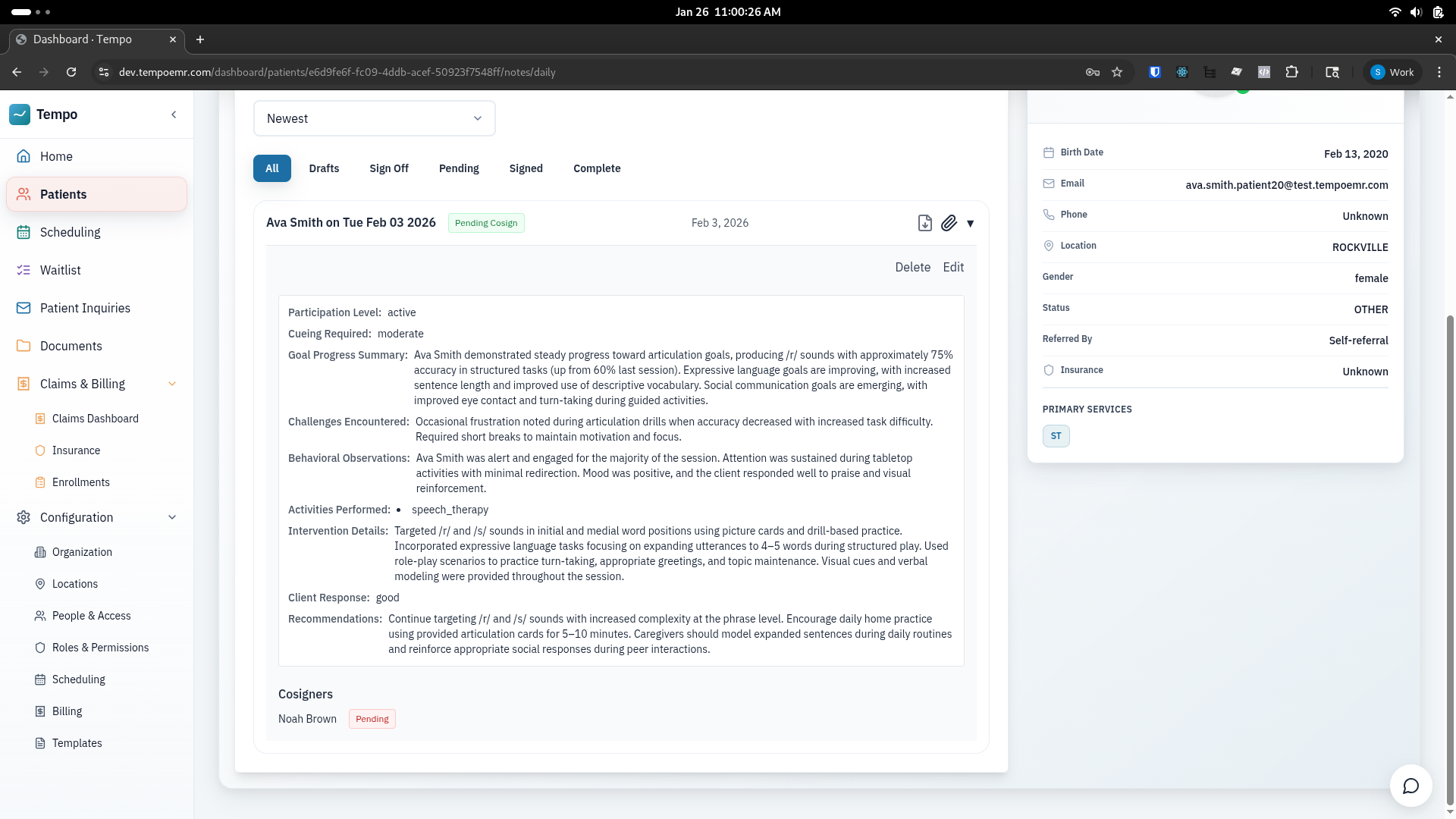 Daily note view showing session documentation with goal progress, behavioral observations, and cosigning workflow