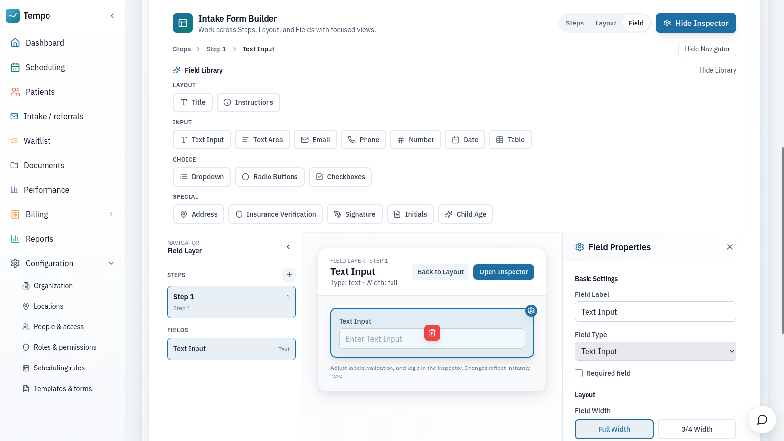 Field editor with navigator, canvas preview, and field properties