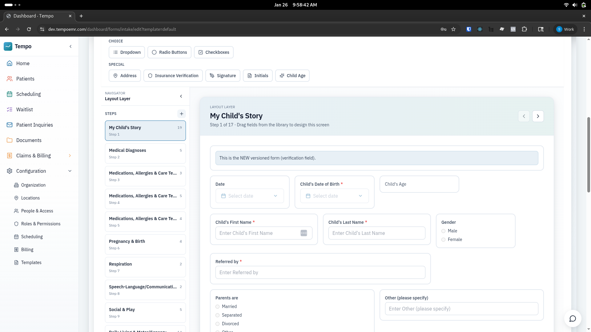 Drag-and-drop form builder with field library, step navigator, and live preview for intake forms