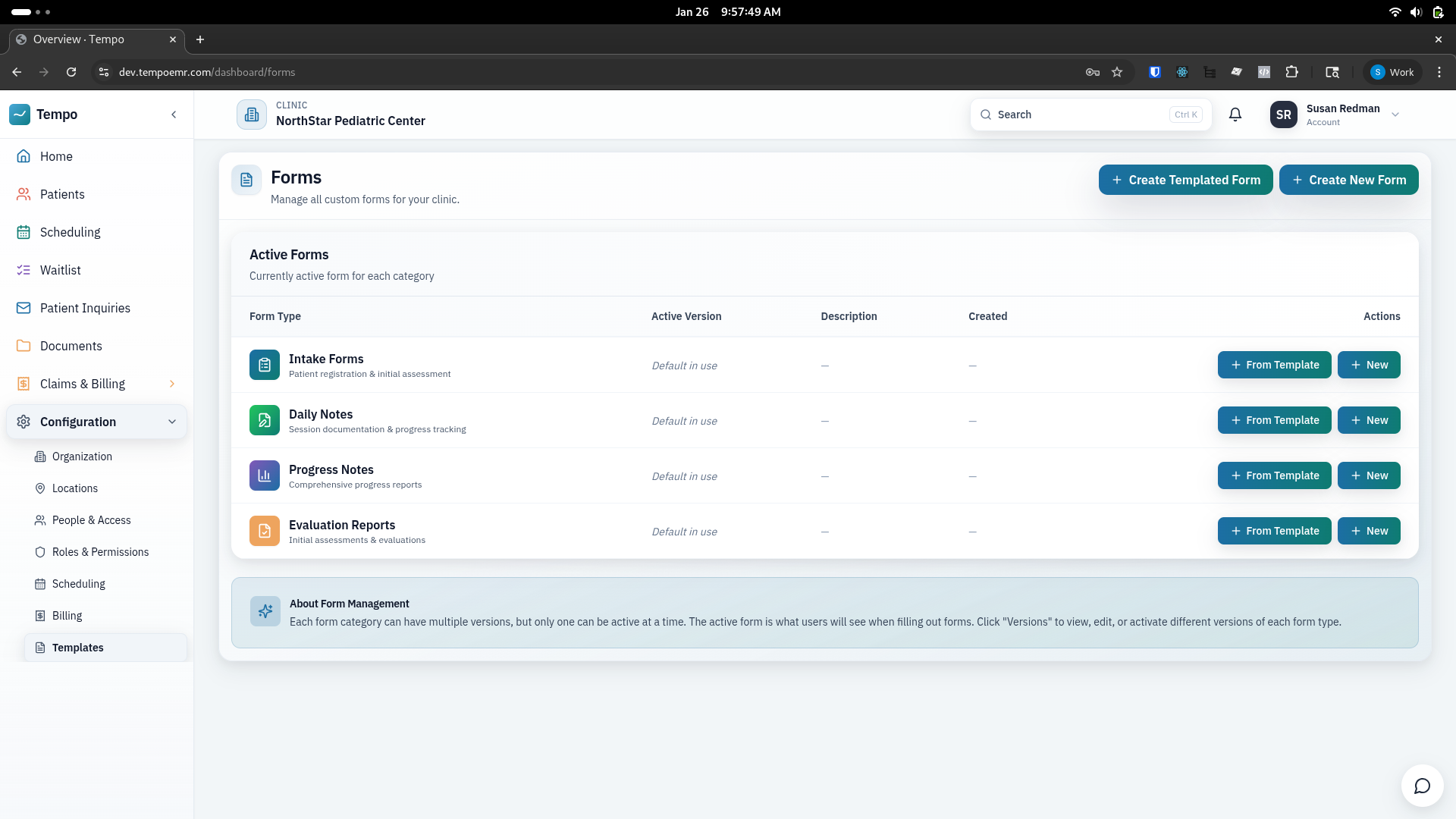 Form management interface showing intake forms, daily notes, progress notes, and evaluation reports with versioning