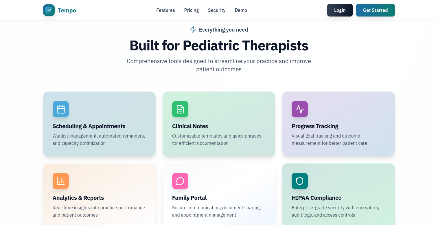 Features page showing Built for Pediatric Therapists with scheduling, clinical notes, progress tracking, analytics, family portal, and HIPAA compliance cards