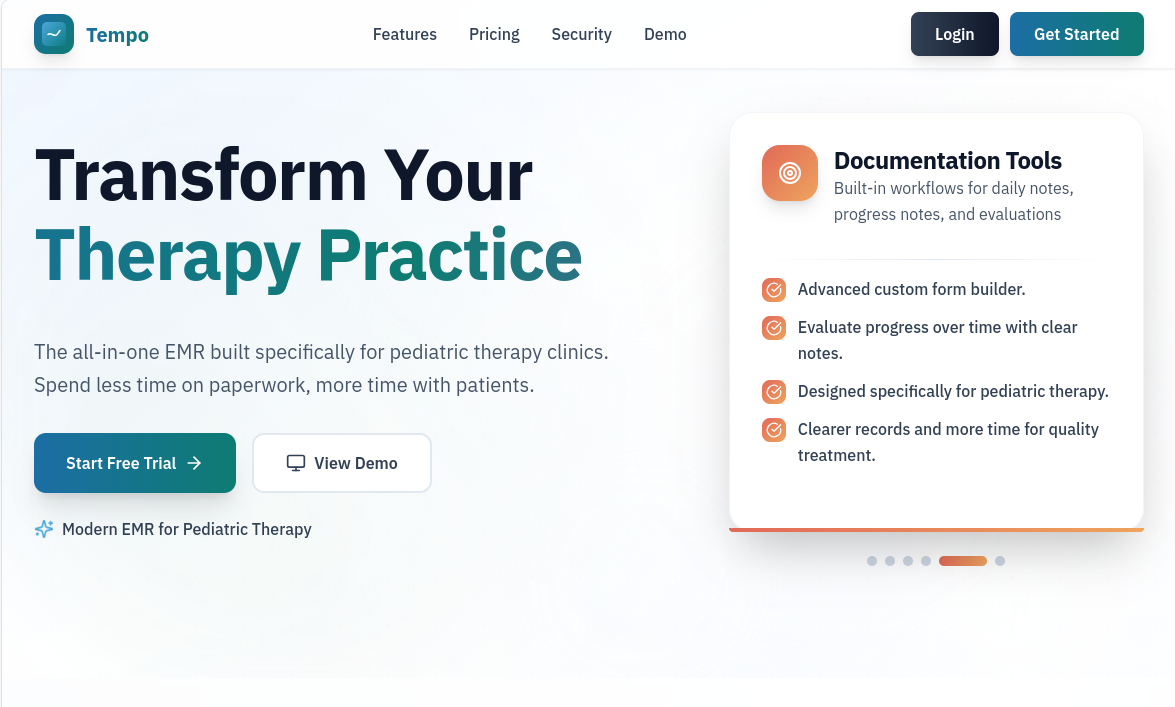 Tempo homepage hero with Transform Your Therapy Practice headline and documentation tools carousel