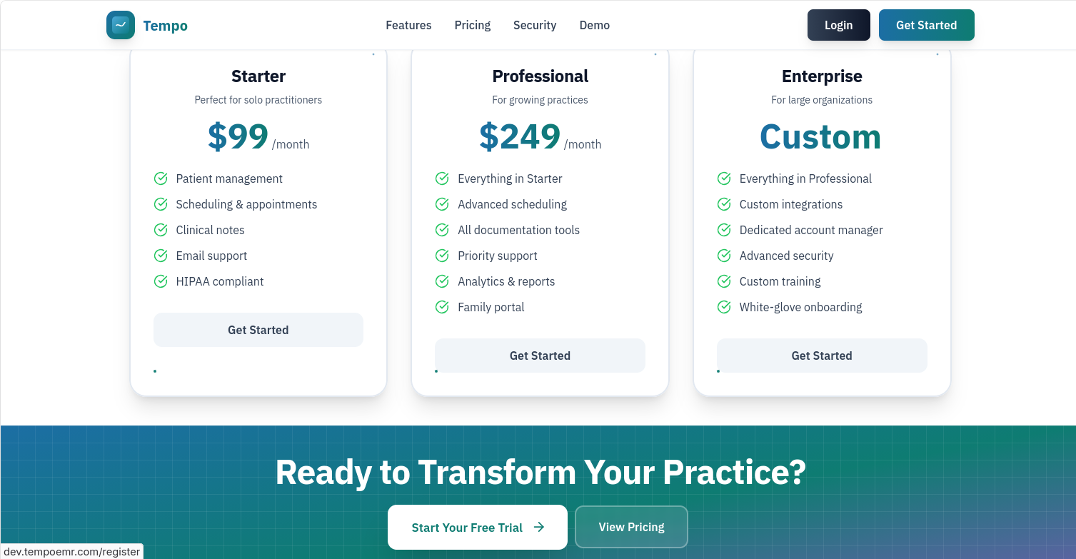Pricing page with Starter ($99), Professional ($249), and Enterprise tiers showing feature comparison