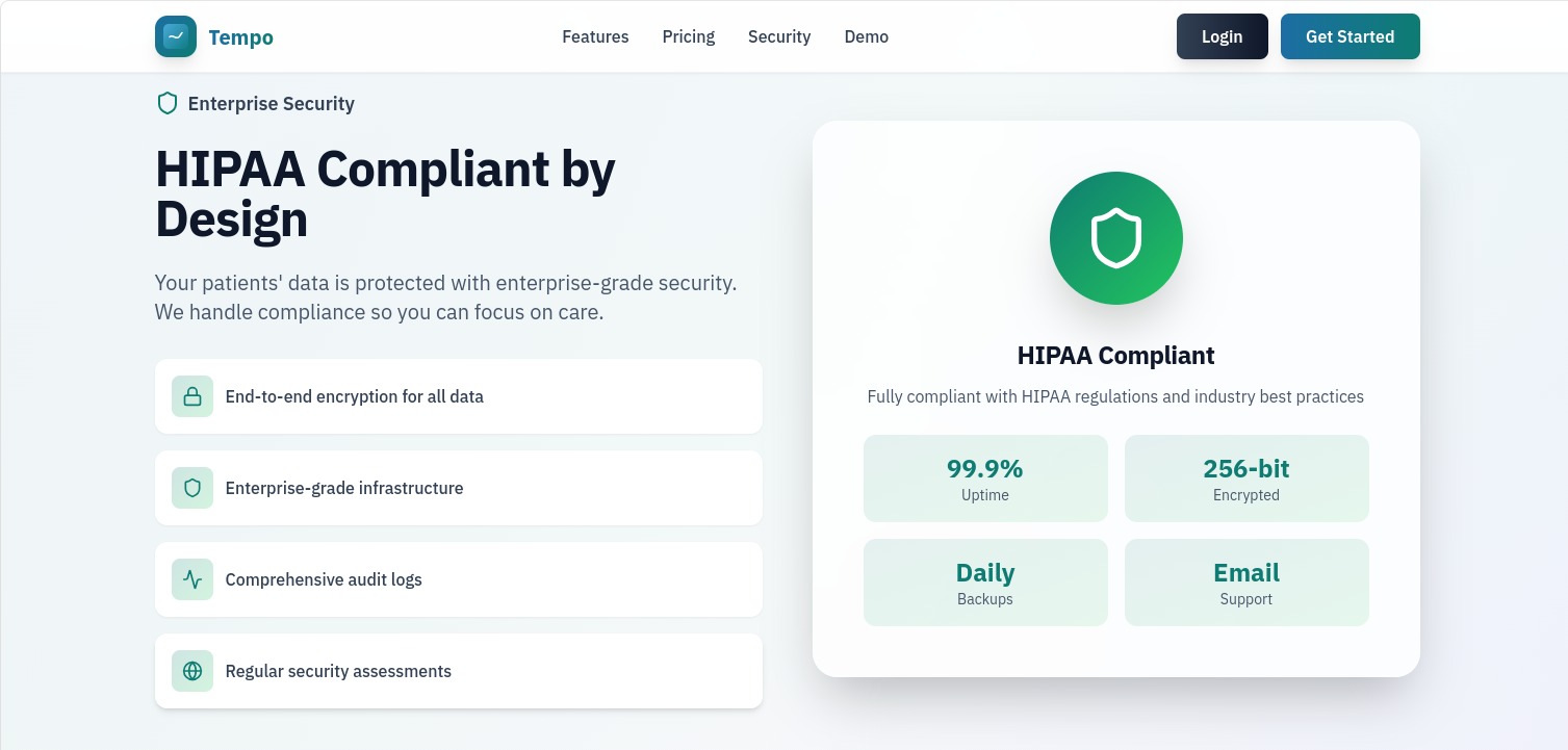 Security page showing HIPAA Compliant by Design with encryption, infrastructure, audit logs, and security assessments