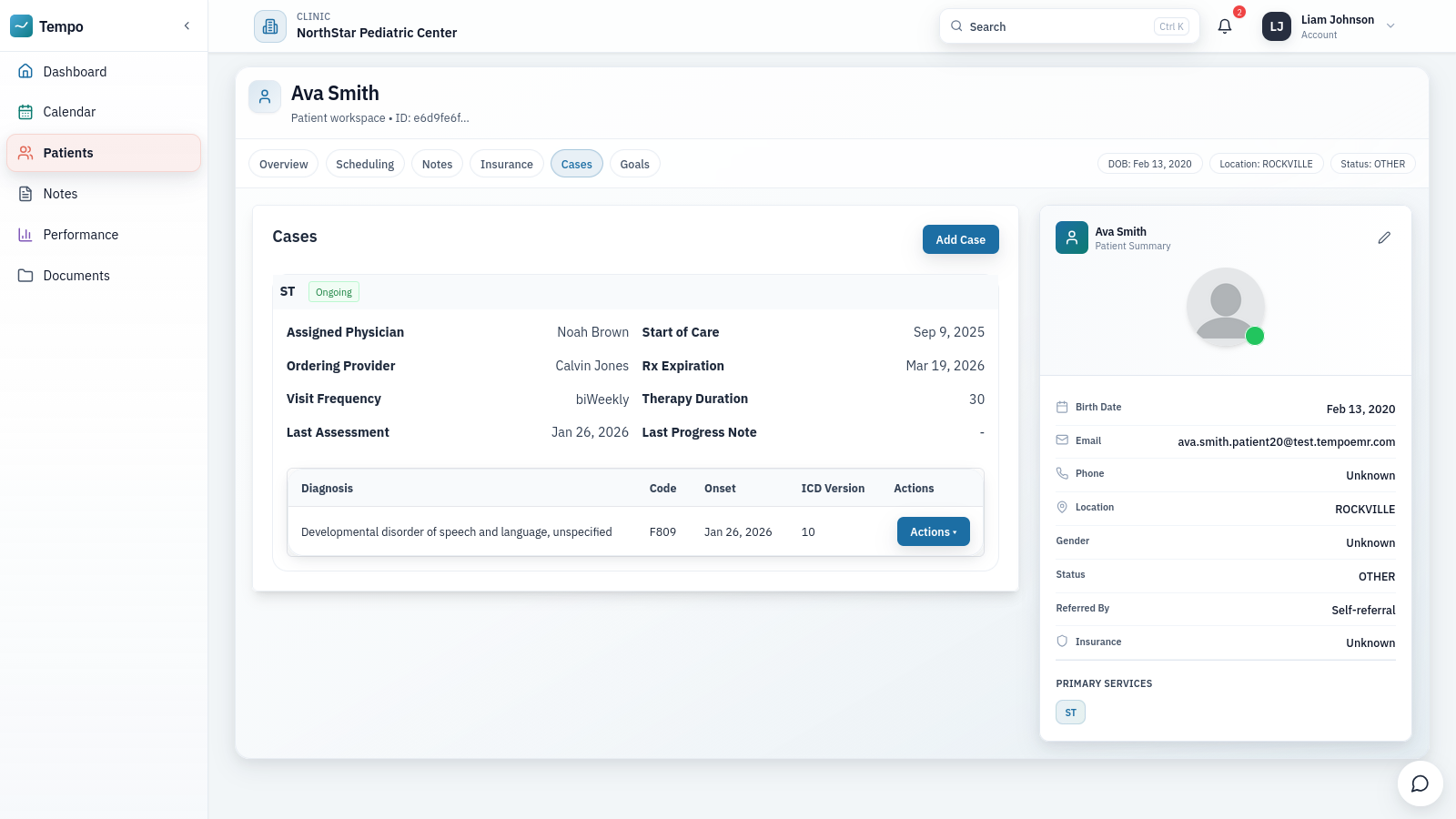 Patient workspace with cases, diagnosis, providers, and a patient summary sidebar