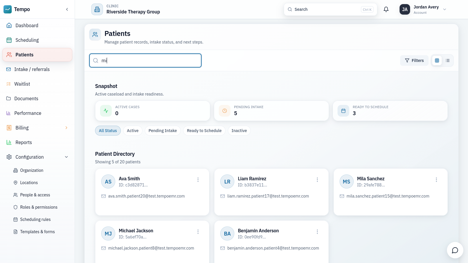 Tempo patient directory with intake snapshot metrics and searchable patient cards