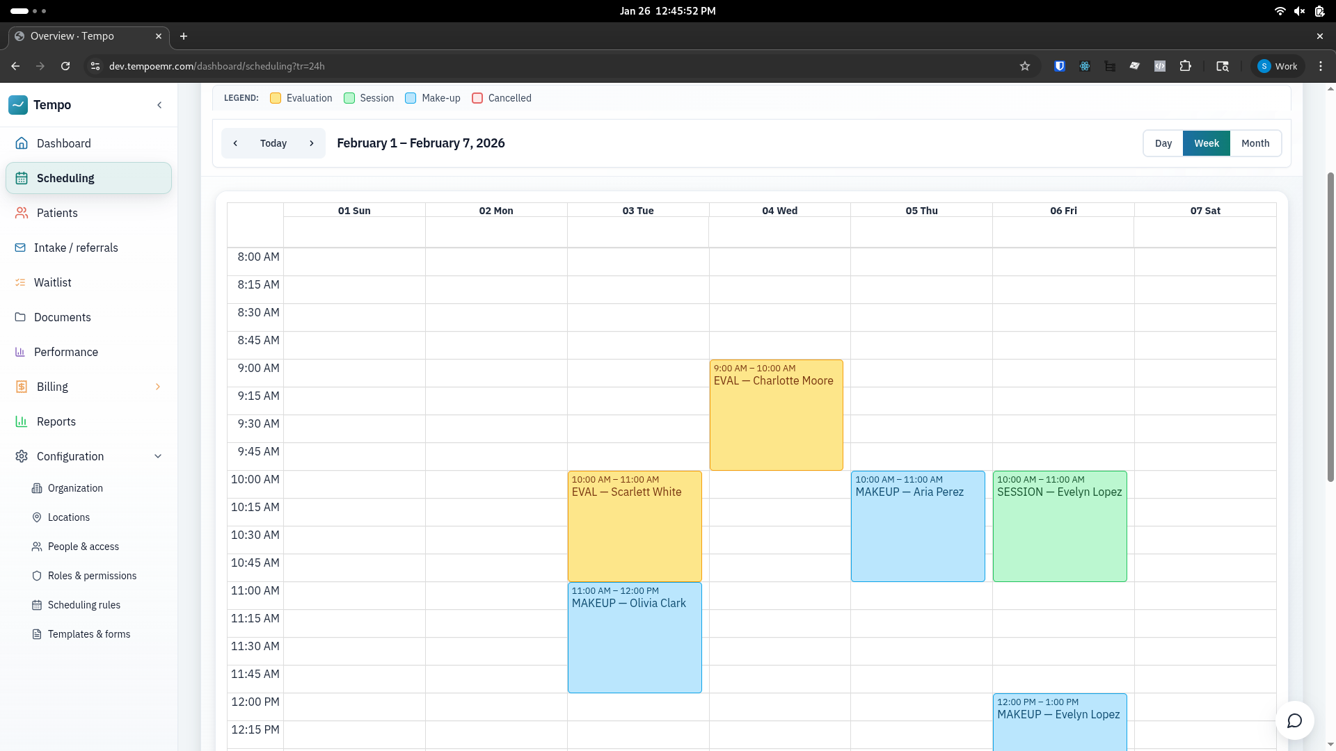 Week view calendar showing color-coded appointments for different therapists and session types